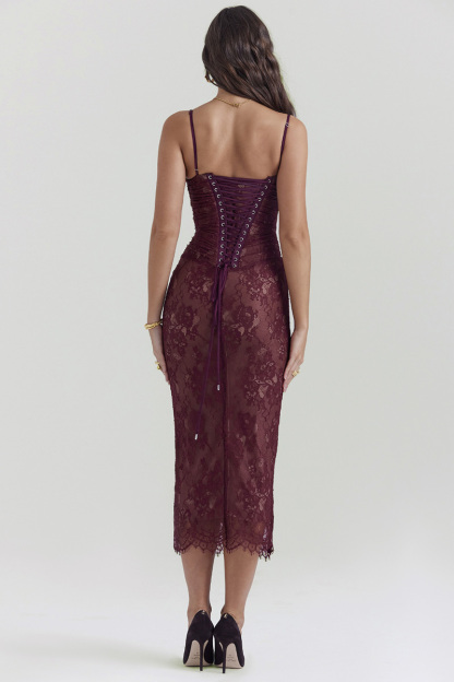 Floral Lace Shrug Ruched Slip Midi Dresses Matching Set-Burgundy-Hayhty.All Rights Reserved.