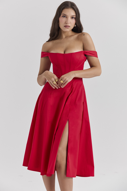 Dropped Shoulder Corset A-Line Slit Solid Color Midi Dresses-Red-Hayhty.All Rights Reserved.