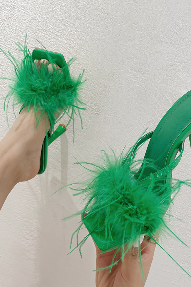 Feather Square Toe Slip On High Heel Sandals-Hayhty.All Rights Reserved.
