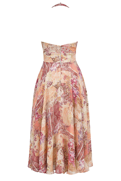 Floral Paisley Mixed Print Cinch Waist Halter Midi Dresses-Purple-Hayhty.All Rights Reserved.