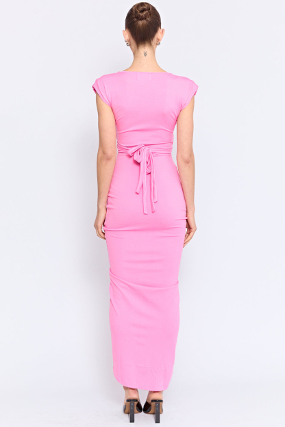 Deep V Neck Twisted Knot Cutout Ruched Maxi Dresses-Pink-Hayhty.All Rights Reserved.