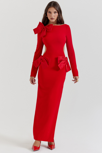 Bow Decor Long Sleeve Backless Slim Fit Side Slit Gowns Maxi Dresses-Red-Hayhty.All Rights Reserved.