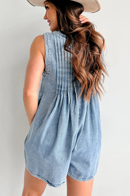 V Neck Front Tie Up Sleeveless Loose Fit Denim Casual Playsuit Romper-Blue-Hayhty.All Rights Reserved.