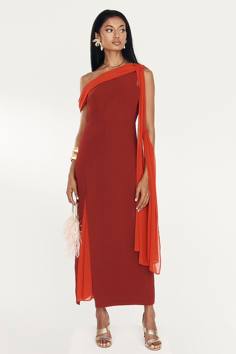 Skew Neck Side Streamer Slim Fit Two-Tone Midi Dresses-Red-Hayhty.All Rights Reserved.
