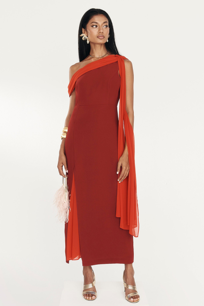 Skew Neck Side Streamer Slim Fit Two-Tone Midi Dresses-Red-Hayhty.All Rights Reserved.