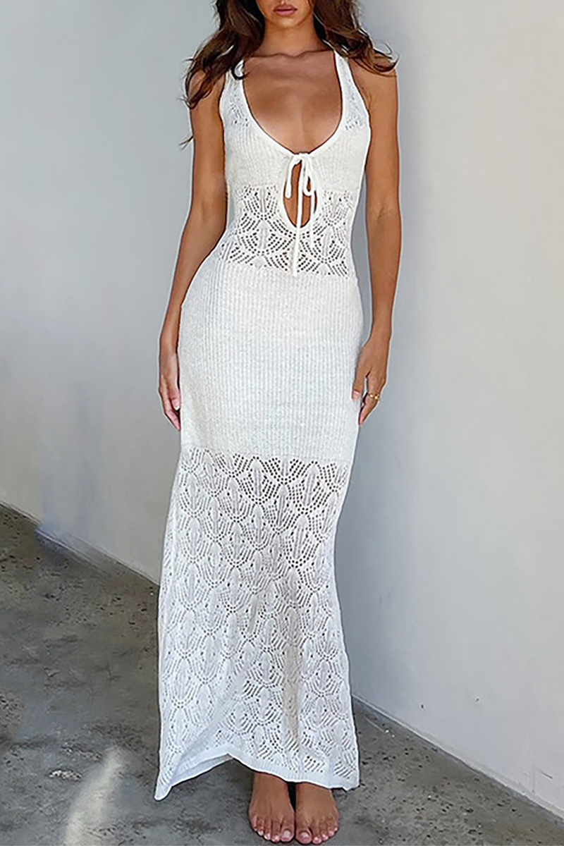 Knit Sleeveless U Neck Tie Up Slim Fit Hollow Out Backless Maxi Dresses-White-Hayhty.All Rights Reserved.