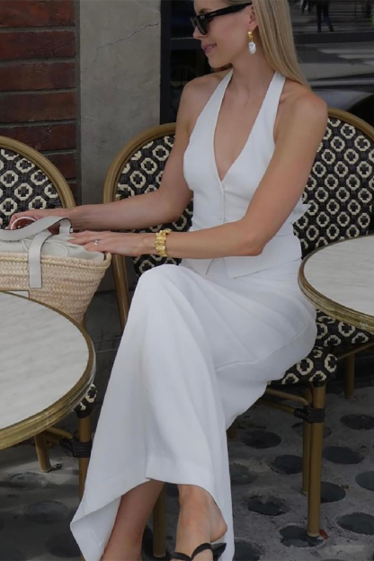 Deep V Neck Halter Button Vest Solid Color Maxi Skirt Matching Set-White-Hayhty.All Rights Reserved.