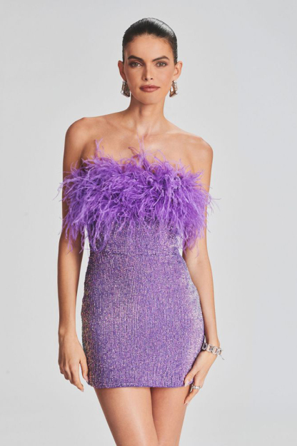 Sequin Strapless Feather Trim Bodycon Mini Party Dresses-Hayhty.All Rights Reserved.