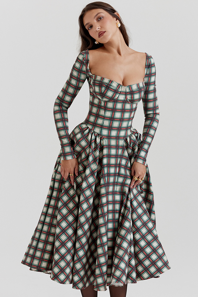 Plaid Pattern Long Sleeve Corset A-Line Pleated Midi Dresses-Red-Hayhty.All Rights Reserved.