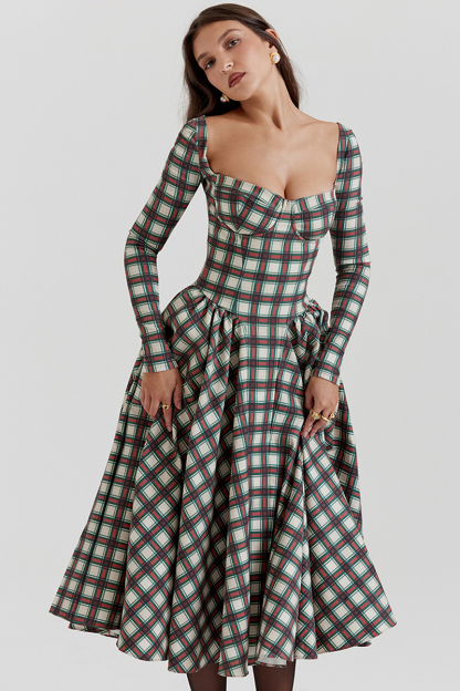 Plaid Pattern Long Sleeve Corset A-Line Pleated Midi Dresses-Red-Hayhty.All Rights Reserved.