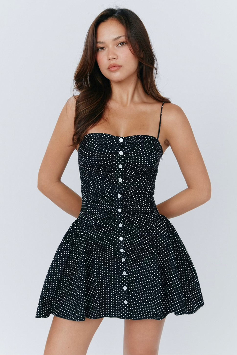 Polka Dot Button Ruffle Accents A-Line Mini Slip Dresses-Black-Hayhty.All Rights Reserved.