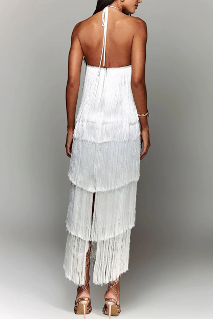 Tiered Fringed Sleeveless Halter Open Back Prom Party Maxi Dresses-Brown-Hayhty.All Rights Reserved.