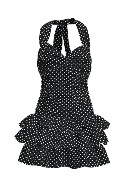 Polka Dot Print Cinch Waist Layered Ruffled Swimwear Halter Mini Dresses-White-Hayhty.All Rights Reserved.