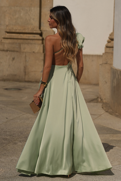Ruffled One Shoulder High Slit Backless Gowns Maxi Dresses-Green-Hayhty.All Rights Reserved.