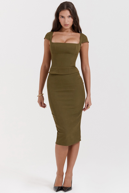 Square Neck Short Sleeve Bodycon Solid Color Midi Dresses-Green-Hayhty.All Rights Reserved.