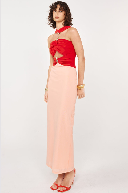 Colorblock Ruched Cutout Slim Fit Sleeveless Maxi Dresses-Red-Hayhty.All Rights Reserved.