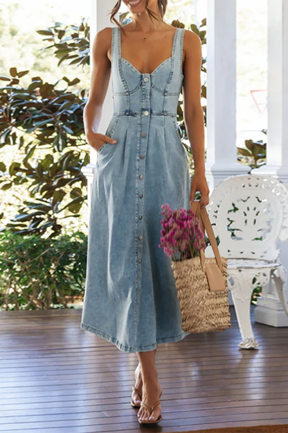Irregular Neck Cinch Waist Button Up Denim Slip Midi Dresses-Blue-Hayhty.All Rights Reserved.