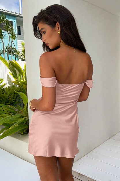Off Shoulder Front Ruched Strapless Mini Dresses-Pink-Hayhty.All Rights Reserved.