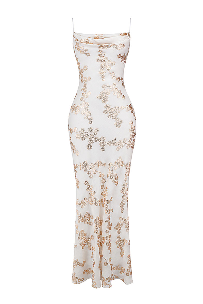 Shimmering Floral Pattern Lace Up Backless Fishtail Hem Slip Maxi Dresses-White-Hayhty.All Rights Reserved.