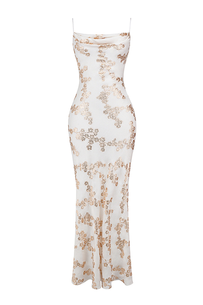 Shimmering Floral Pattern Lace Up Backless Fishtail Hem Slip Maxi Dresses-White-Hayhty.All Rights Reserved.