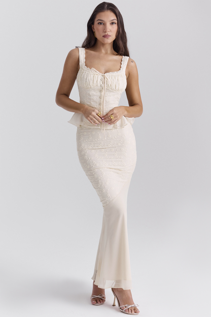 Floral Embroidery Ruffled Top Bodycon Maxi Skirt Matching Set-Ivory-Hayhty.All Rights Reserved.