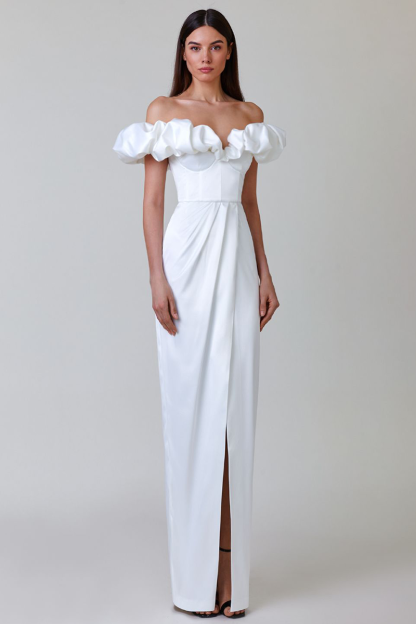 Puffy Ruffled Trim Off Shoulder Corset Slit Formal Party Maxi Dresses-White-Hayhty.All Rights Reserved.