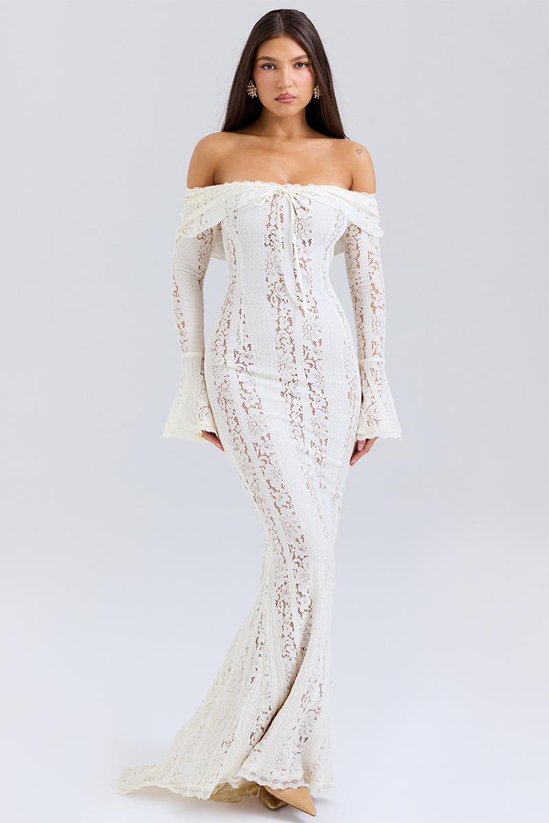 Floral Lace Off Shoulder Flare Sleeve Fishtail Maxi Dresses-White-Hayhty.All Rights Reserved.