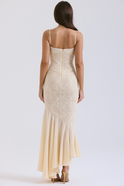 Lace Patchwork Bodycon Fishtail Hem Spaghetti Strap Chiffon Maxi Dresses-Beige-Hayhty.All Rights Reserved.