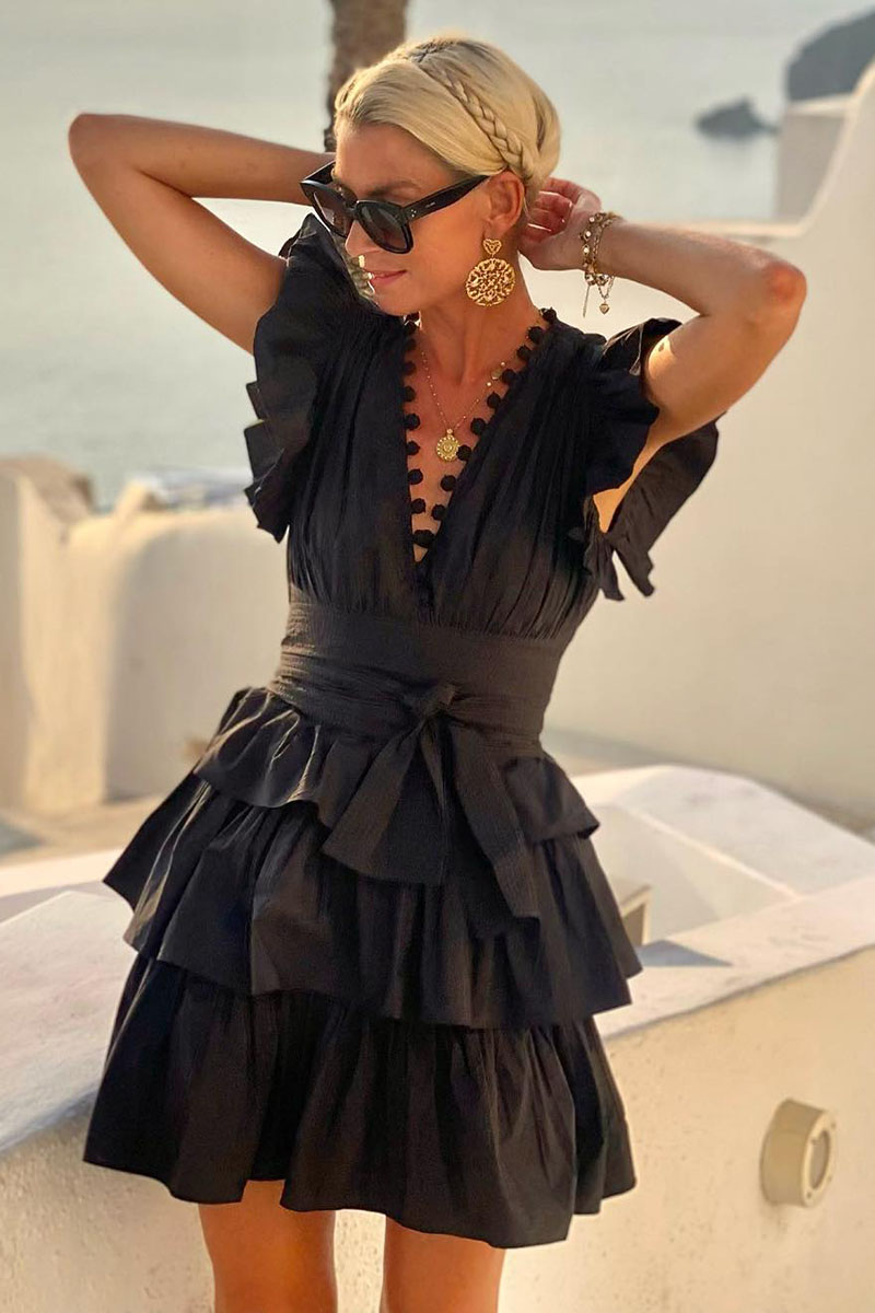 V Neck Cinch Waist Layered Ruffle Sleeveless Mini Dresses-Hayhty.All Rights Reserved.