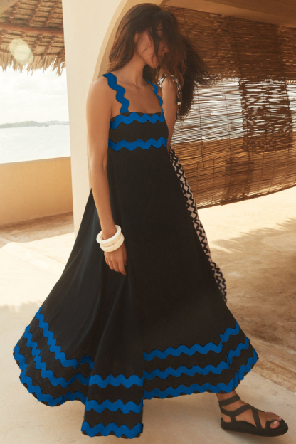 Colorblock Ripple Trim Vacation Slip Maxi Dresses-Black-Hayhty.All Rights Reserved.