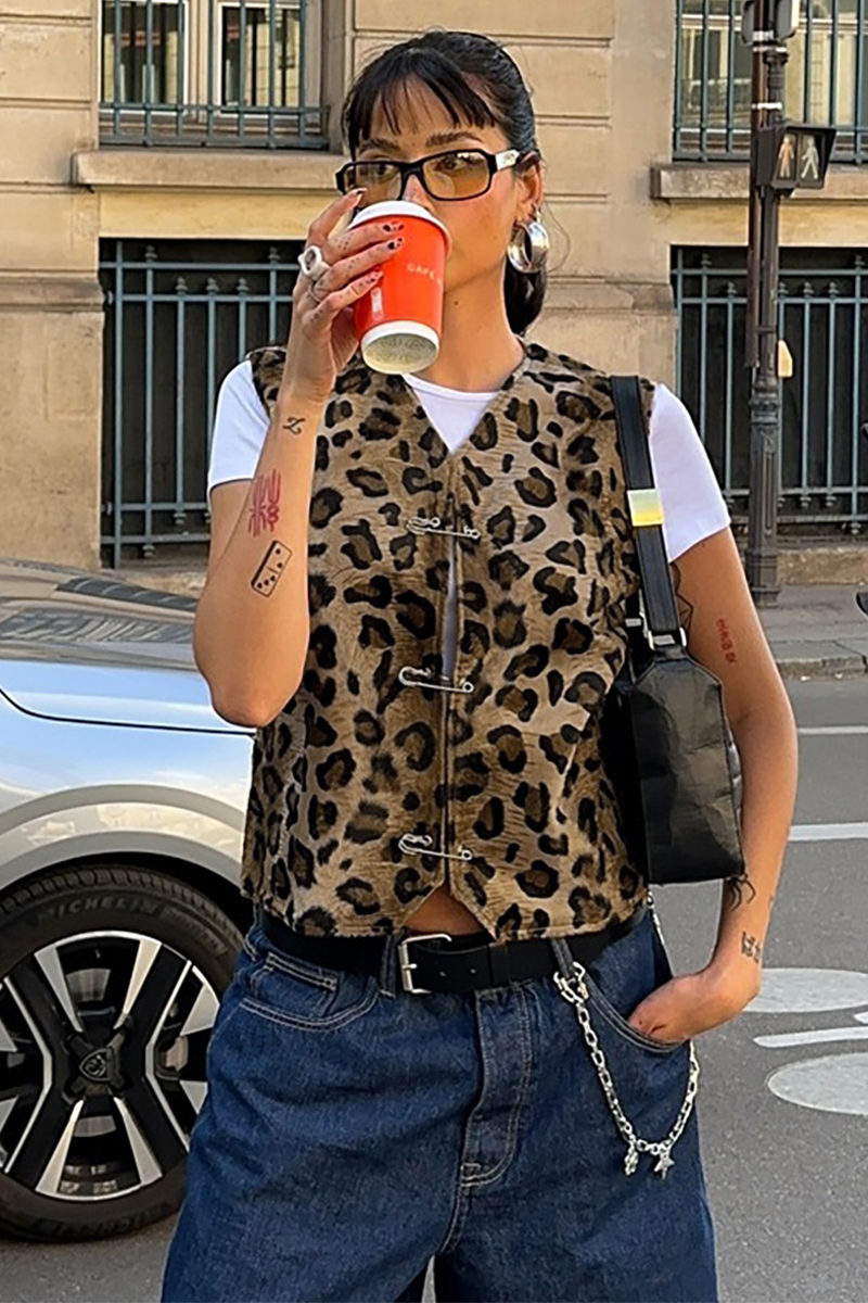 Leopard Pattern V Neck Safety Pins Outerwear Vest-LightBrown-Hayhty.All Rights Reserved.