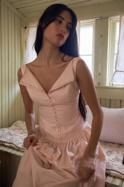 Boat Neck Button Up Cinch Waist Backless Pleated Hem Sleeveless Midi Dresses-Pink-Hayhty.All Rights Reserved.
