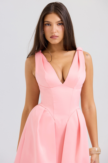 Deep V Neck Cinch Waist Satin Midi Tank Dresses-Pink-Hayhty.All Rights Reserved.