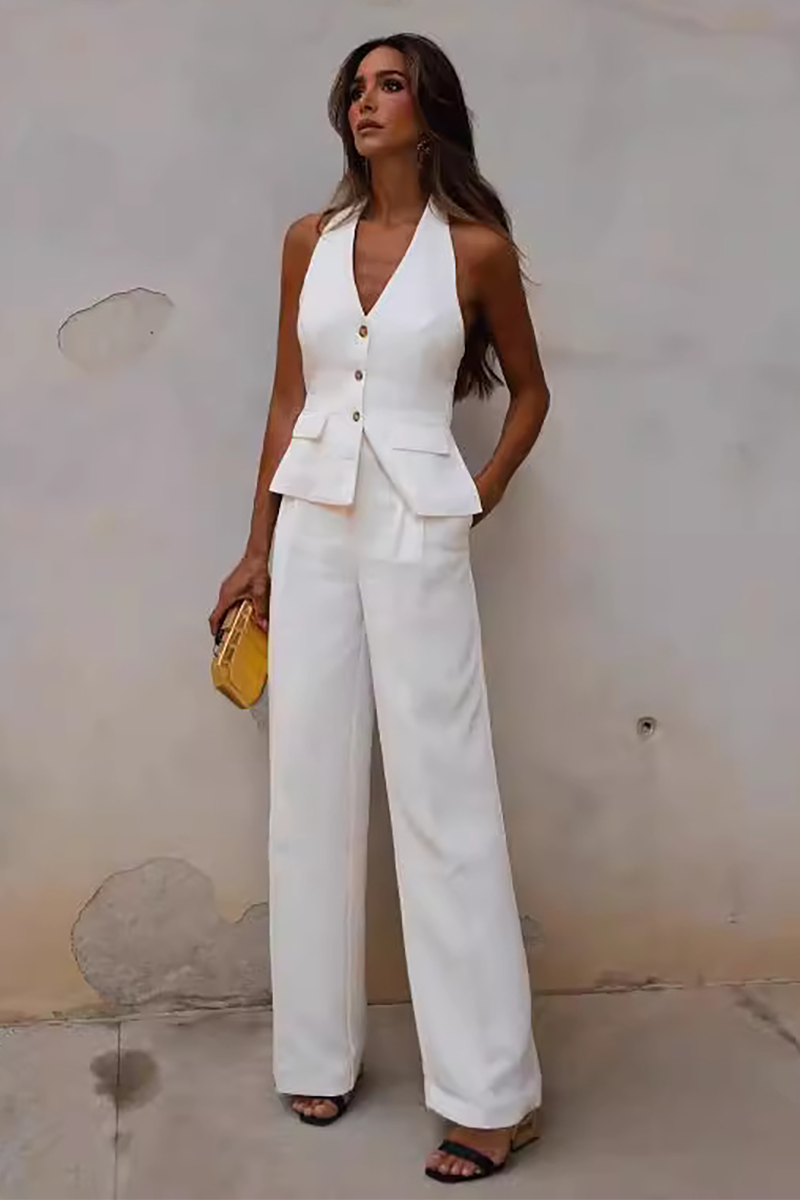 Halter Neck Button Up Vest Straight Leg Pants Matching Set-White-Hayhty.All Rights Reserved.