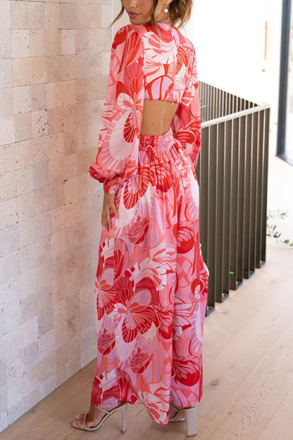 Floral Print Deep V Neck Cutout Flare Long Sleeve Ring Decor Wide Leg Vacation Jumpsuit-Hayhty.All Rights Reserved.