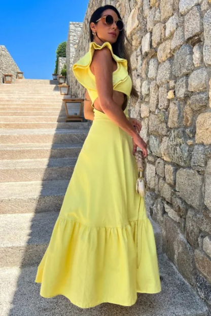 One Shoulder Ruffle Sleeveless Cutout Solid Color Maxi Dresses-Yellow-Hayhty.All Rights Reserved.