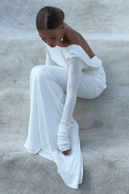 Open Back Long Sleeve Solid Color Ruched Bodycon Fishtail Maxi Dresses-White-Hayhty.All Rights Reserved.
