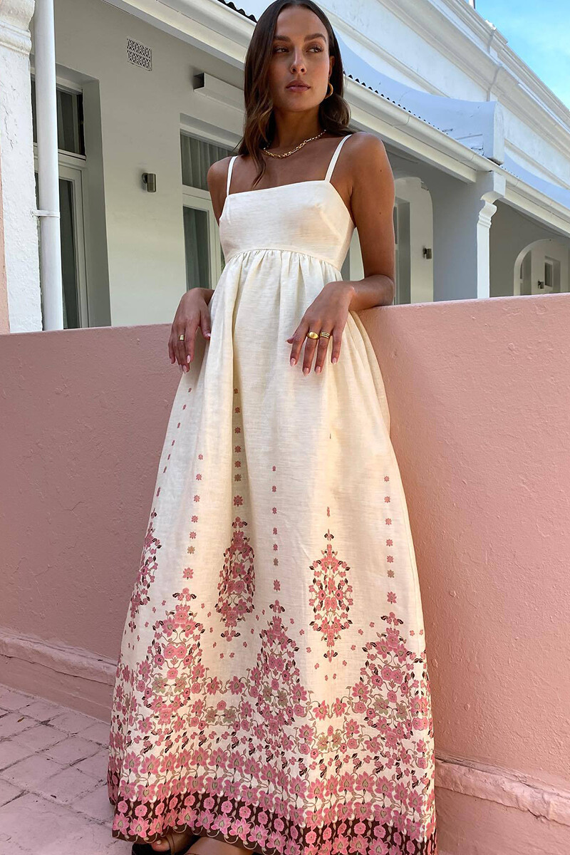 Boat Neckline Floral Print A-Line Maxi Strappy Dresses-Beige-Hayhty.All Rights Reserved.