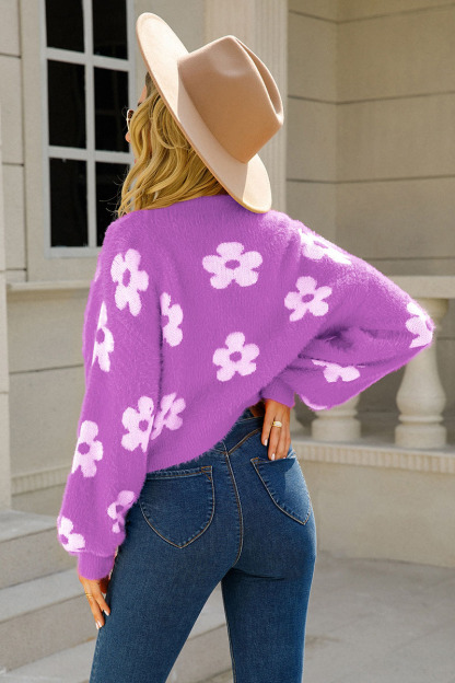 Floral Knitted Jacket Puff Sleeve Sweater Cardigan-Hayhty.All Rights Reserved.