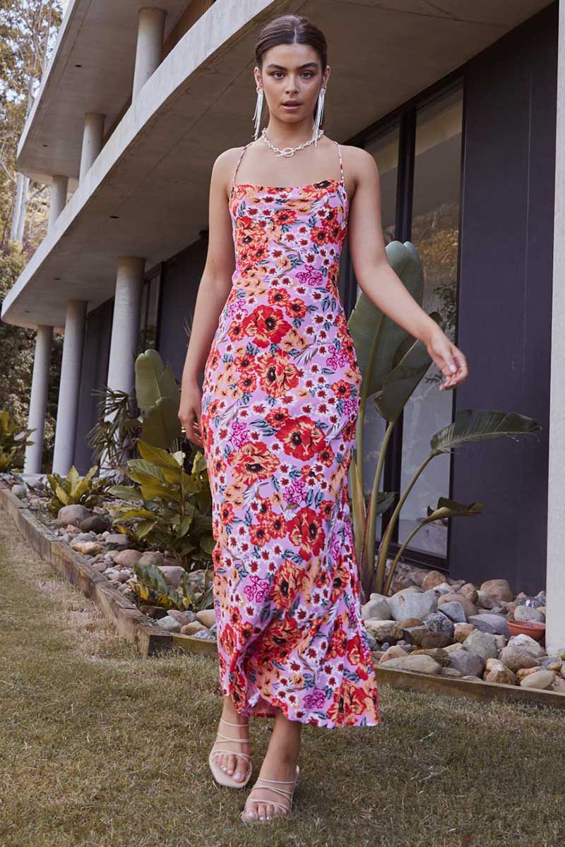 Cross Cami Boat Neck Backless Tied Up Floral Print Vacation Slim Maxi Dresses-Hayhty.All Rights Reserved.