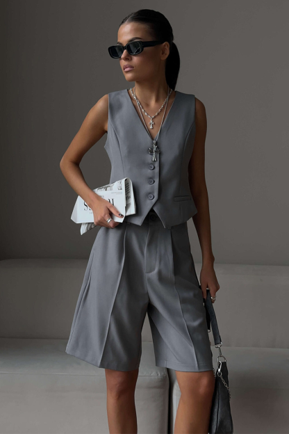 V Neck Button Up Vest Plain Shorts Matching Set-Grey-Hayhty.All Rights Reserved.