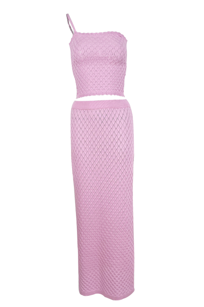 Knit Plaid Pattern One-Shoulder Strap Crop Top Vacation Maxi Skirt Matching Set-Pink-Hayhty.All Rights Reserved.