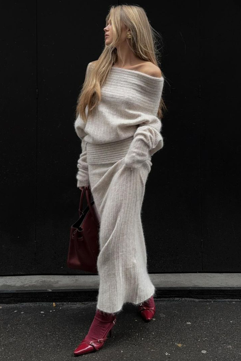 Off Shoulder Long Sleeve Oversized Sweater Knit Midi Skirt Matching Set-Beige-Hayhty.All Rights Reserved.