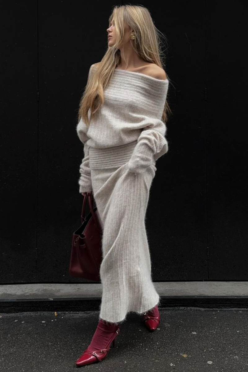 Off Shoulder Long Sleeve Oversized Sweater Knit Midi Skirt Matching Set-Beige-Hayhty.All Rights Reserved.