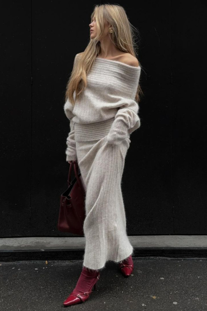 Off Shoulder Long Sleeve Oversized Sweater Knit Midi Skirt Matching Set-Beige-Hayhty.All Rights Reserved.