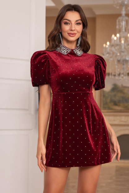 Rhinestone Collar Puffy Sleeve Polka Dot A-Line Velvet Mini Dresses-Hayhty.All Rights Reserved.