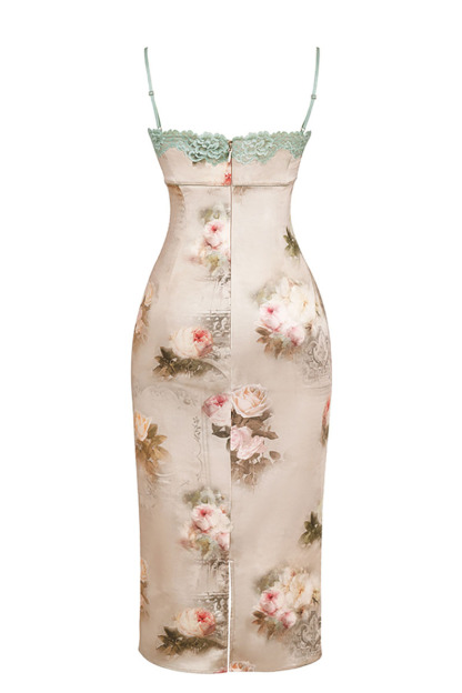 Floral Print Lace Trim Bustier Cocktail Party Cami Midi Dresses-Hayhty.All Rights Reserved.