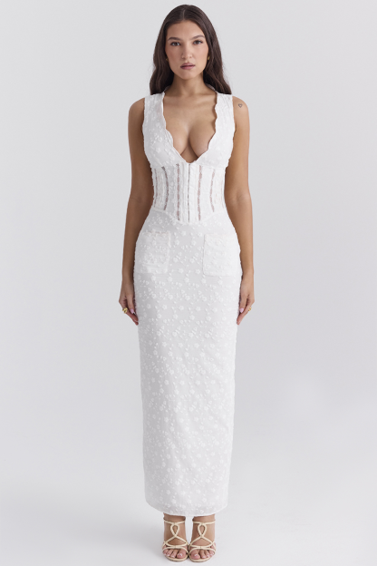 Deep V Neck Cinch Waist Floral Embroidery Maxi Tank Dresses-White-Hayhty.All Rights Reserved.