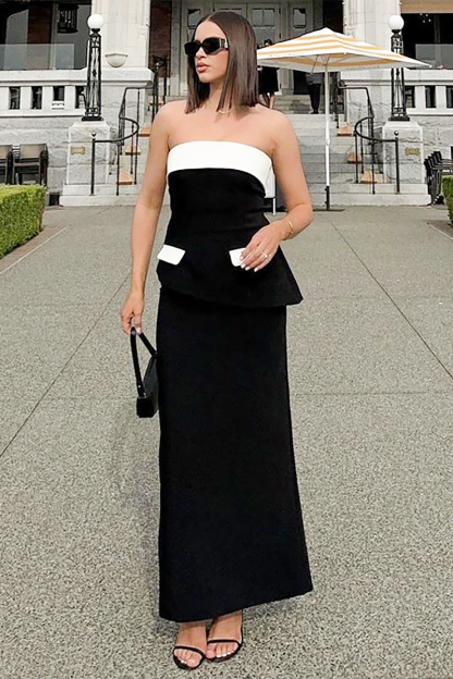 Colorblock Cinch Waist Tube Top Slim Fit Maxi Skirt Matching Set-Black-Hayhty.All Rights Reserved.