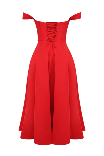Dropped Shoulder Corset A-Line Slit Solid Color Midi Dresses-Red-Hayhty.All Rights Reserved.